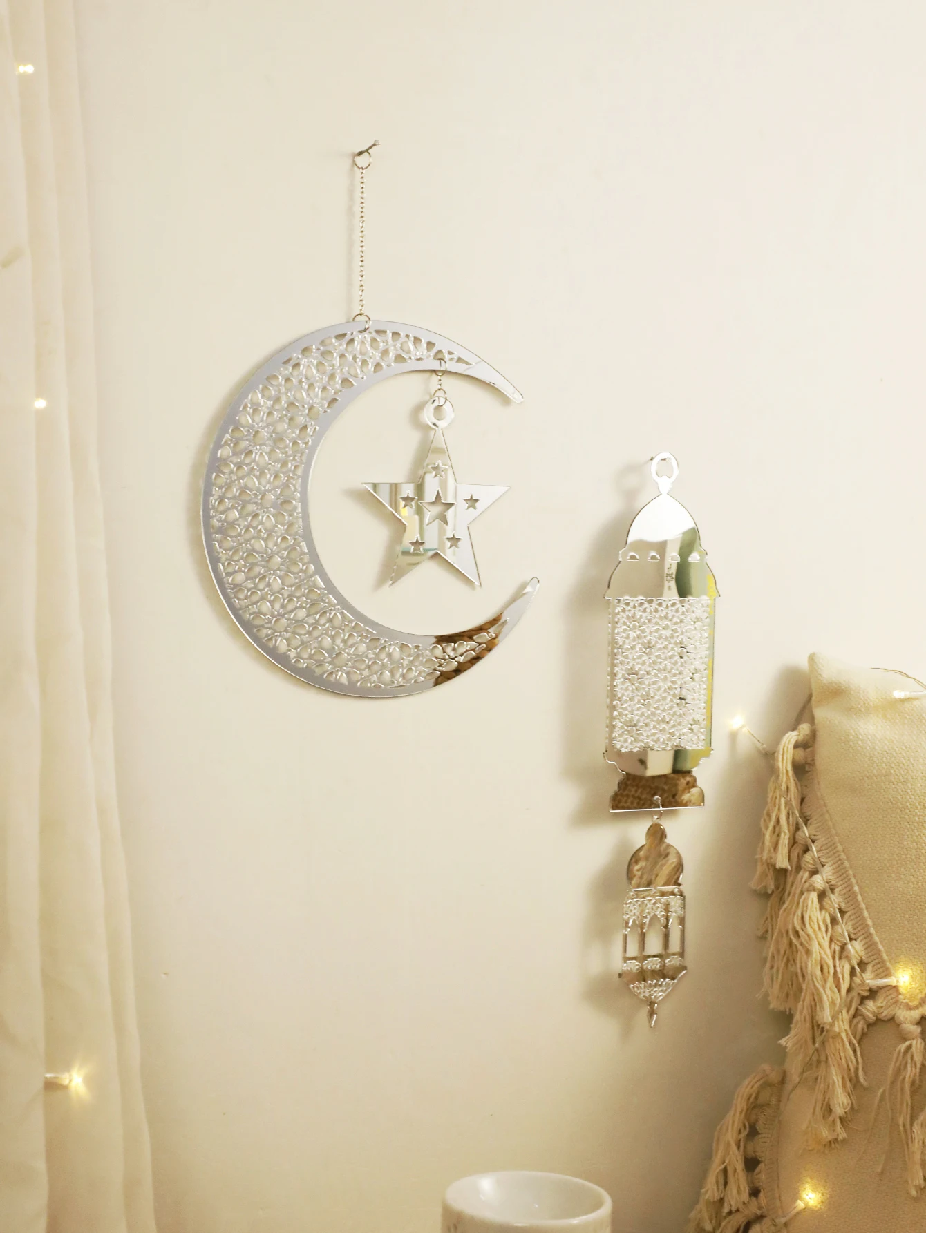 Silver Ramadan Acrylic Moon Hanging Ornaments with Hollow Mesh Star，Eid Mubarak Muslim Decor，Lanterns Wall Decor，Ramadan Kareem