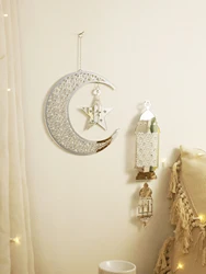 Silver Ramadan Acrylic Moon Hanging Ornaments with Hollow Mesh Star,Eid Mubarak Muslim Decor,Lanterns Wall Decor,Ramadan Kareem