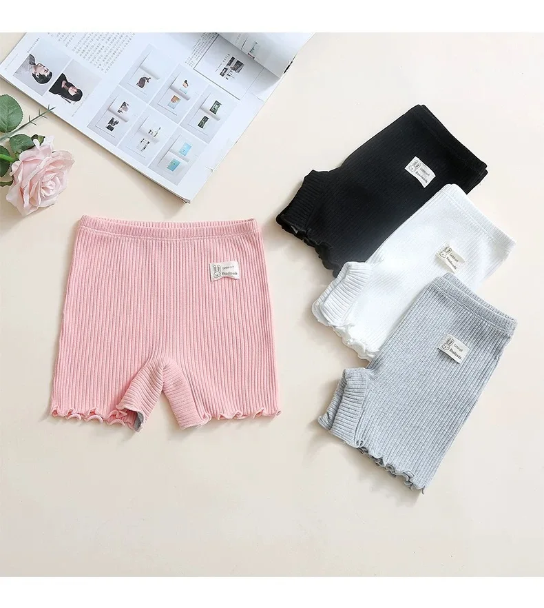 2026 Summer 3-12Y Girls Anti-Exposure Safety Shorts Ribbed Fabric 3/4 Length Frilled Hem High Waist Soft Stretchy Under Dress