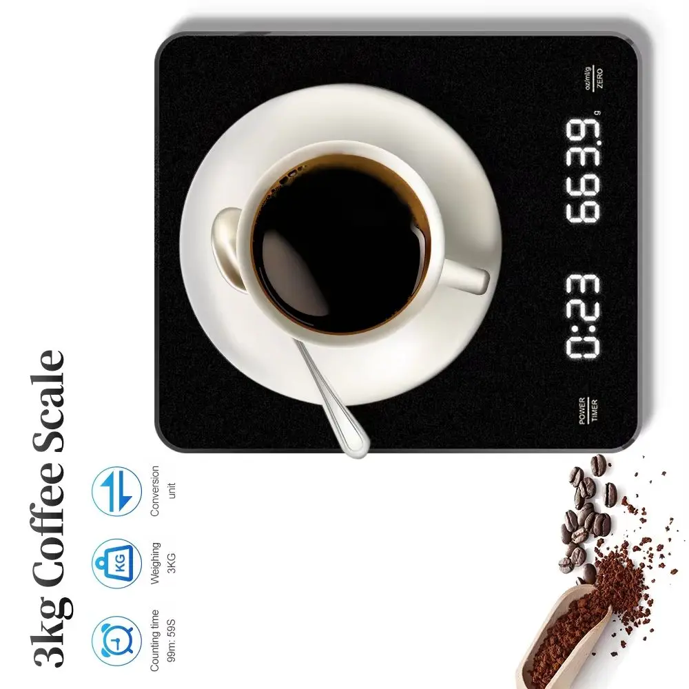 

Перезаряжаемые цифровые весы для кофе с таймером, светодиодный экран, эспрессо, USB, 3 кг, макс. Весы 0,1 г, высокая точность, кухонные весы