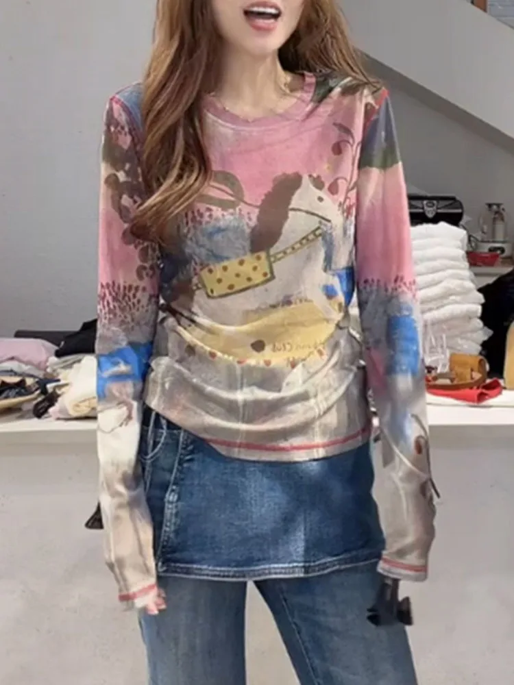 Y2K Clothing 2000s Women's Long-Sleeve T-Shirt Aesthetic Tops Ombre Print Mesh Summer New Sun-Protective Cover-Up Tops T-Shirts