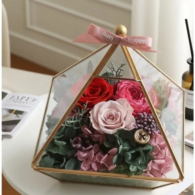 Nordic Retro Heart Shaped Geometric Glass Greenhouse Ring Box Jewelry Storage Box Preserved Flower Decor Ins Style Decoration