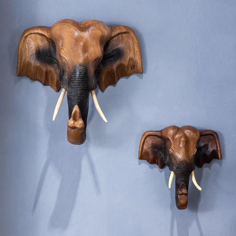 Elephant Head Wood Carving Wall Hanging Solid Wood Southeast Asian Style Decor Handmade Ornament for Living Room Bedroom Home