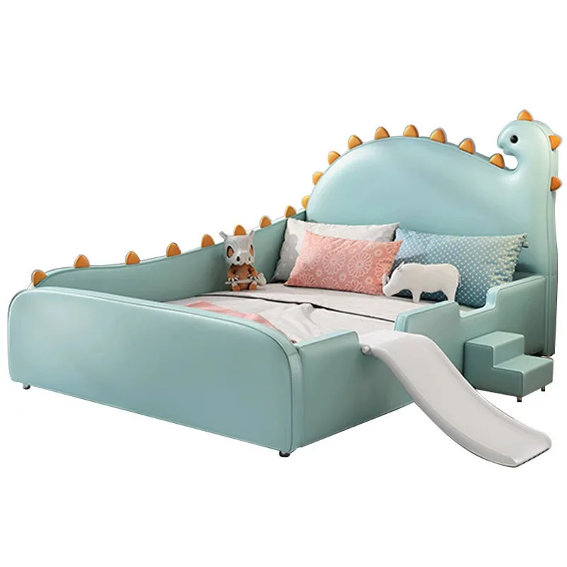Children's bed boy Nordic simple cartoon slide Internet celebrities with guardrail Dinosaur creative single leather bed simple