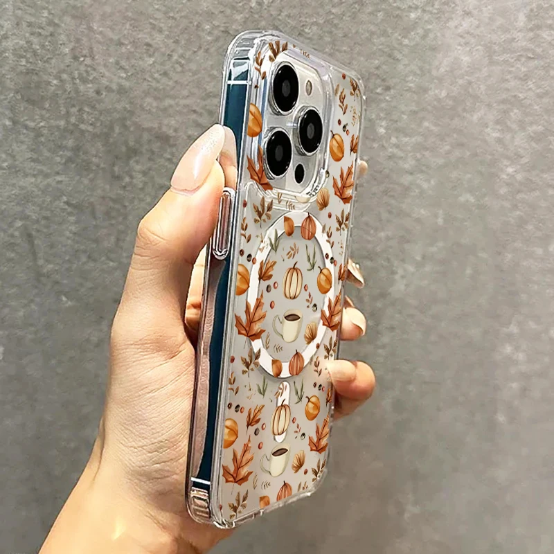 Transparent Pumpkin Autumn Leaves with Coffee Case For Samsung Galaxy S24 S22 S21 S23 S25 Ultra Plus FE Wireless Charge Cover
