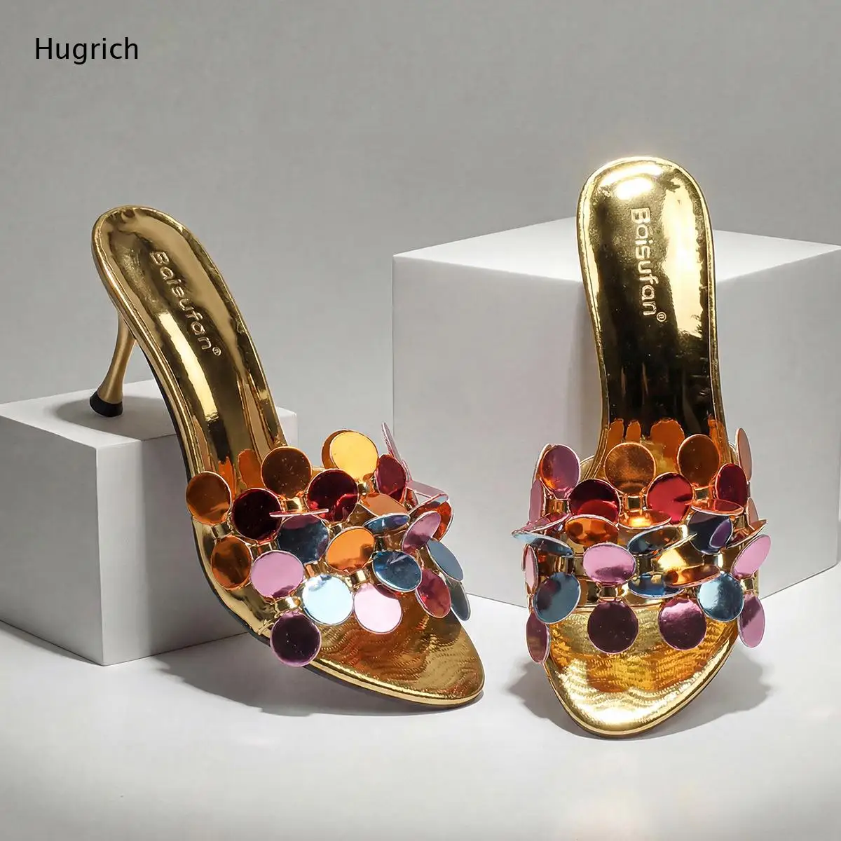 High-Heel Mules Adorned with Colorful Sequin Discs Featuring Peep-Toe Design and Stiletto Heel Glamorous Party-Ready Style