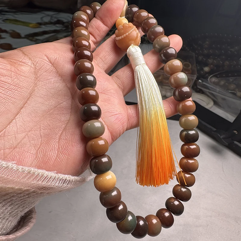 Abacus Bead Multi-Gem Bodhi Root Bracelet with Apple-shaped Beads, Weathered Yellow, Collectible Hand Jewelry