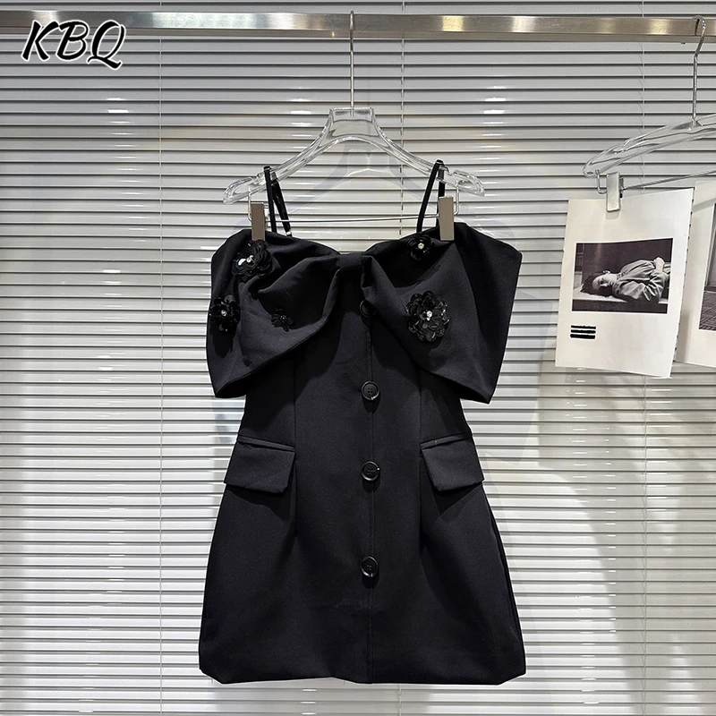 

KBQ French Solid Spliced Button Slimming Dresses for Women Square Collar Sleeveless Sequins Elegant Dress Female Fashion Style