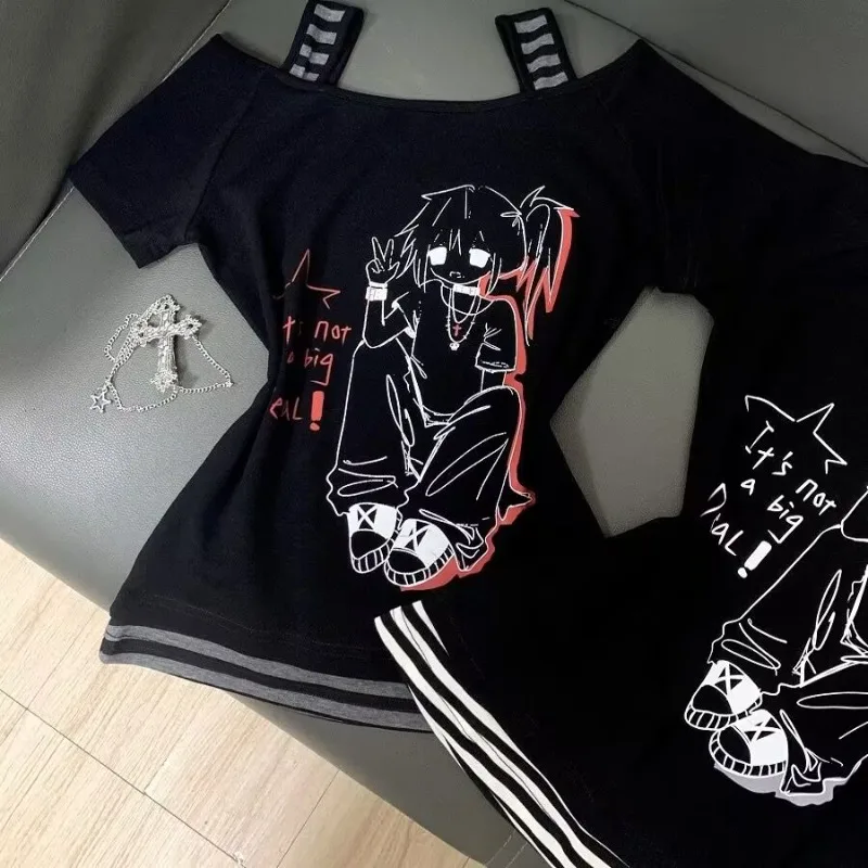

Japanese Pure Cotton Gothic Cartoon Girl Printed Short Sleeved T Shirt Girls Summer New Spicy Girl Slim Fit Waist Slimming Tops