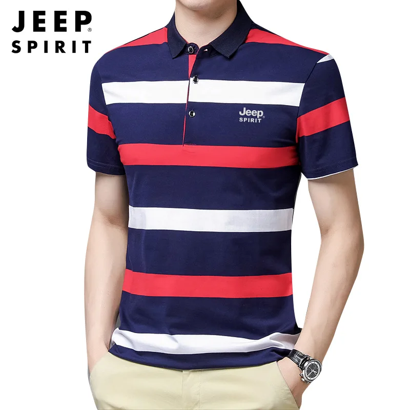 JEEP SPIRIT Summer New Stripe Top Fashion Men\'s Skin Breathable Polo Shirt Short Sleeve Youth Stereoscopic Cut Casual T-shirt