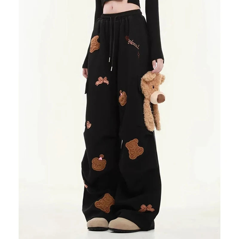 Amerikanische Vintage Nette Bär Jogginghose Frauen Stickerei 3D Schöne Hose Hohe Taille Schwarz Harajuku Y2K Jazz Breite Bein Hosen