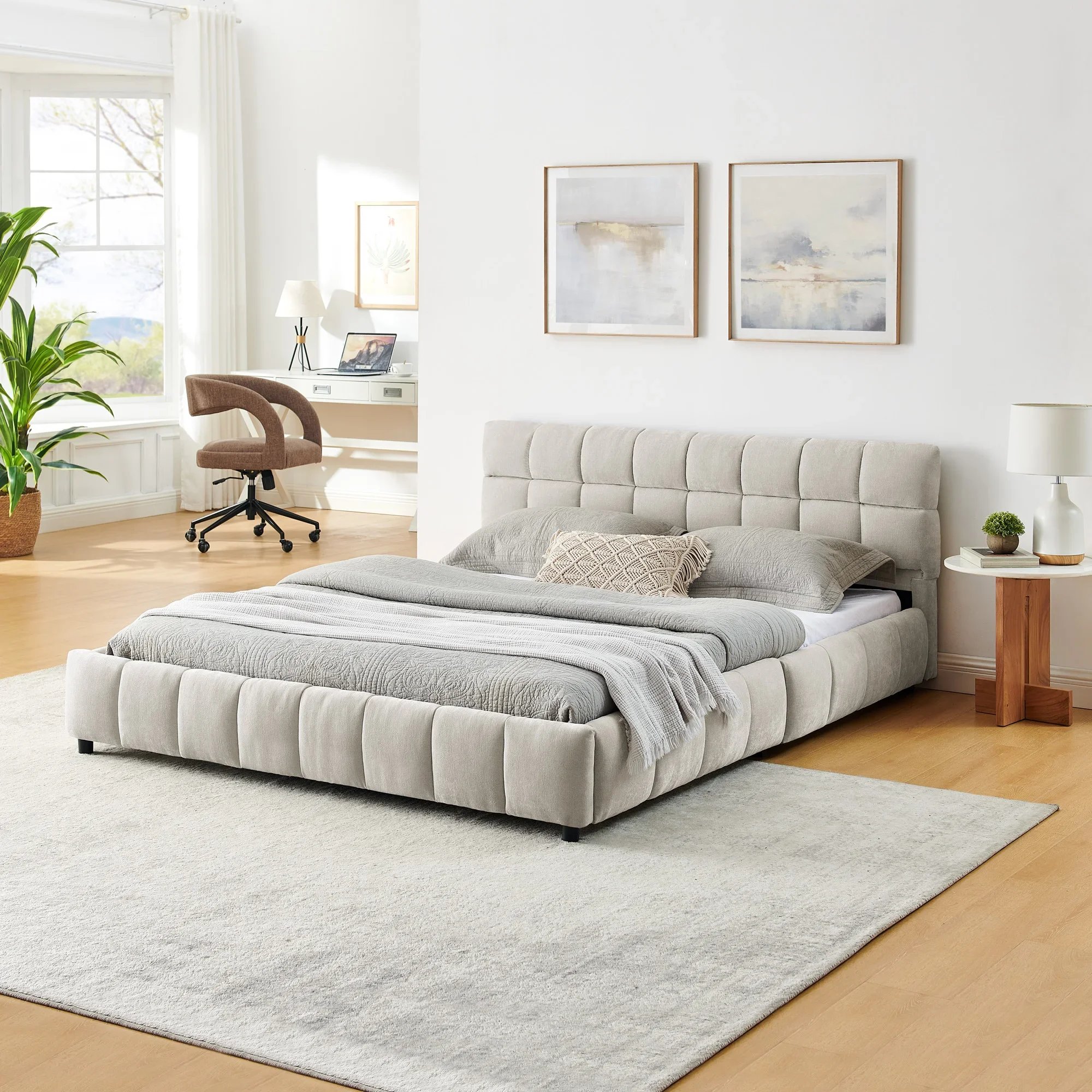 Queen Size Tufted Headboard Platform Bed Frame Wood Storage Drawer Modern Design Bed