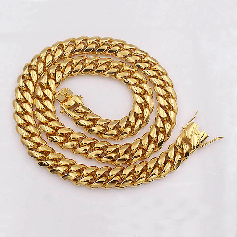 Hip hop 14mm Stainless Steel Curb Cuban Mens Chain Necklace Boys Miami Chain Dragon Clasp Lock Men Women 18k Gold Plated Jewelry