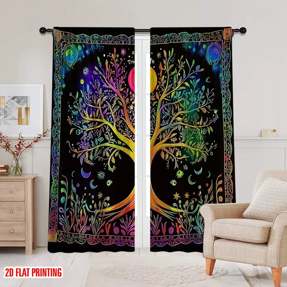 2pcs Tree of Life Curtains Psychedelic Boho Window Drapes Colorful Celestial Decor Living Room Bedroom
