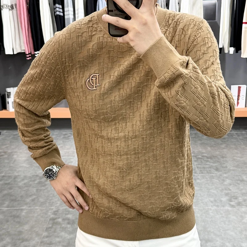 

Осень-зима, мужской жаккардовый вязаный свитер с надписью, повседневный деловой свитер с круглым вырезом и длинными рукавами, универсальный социальный пуловер