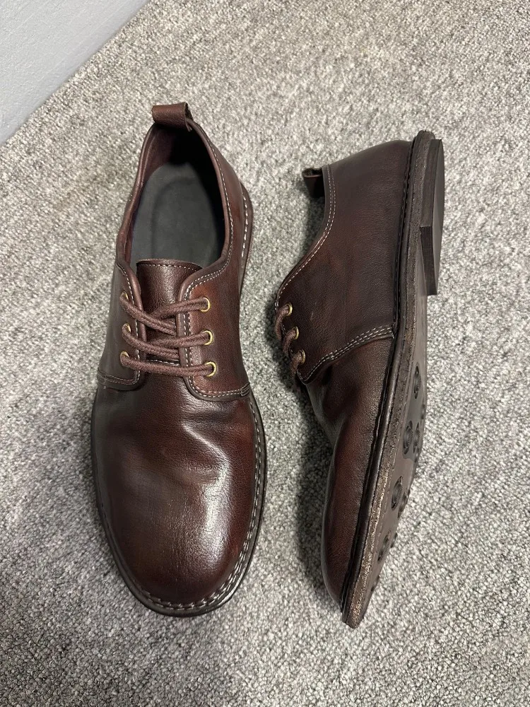 Vintage Mens Genuine Leather Shoes British Style Office Men Work Derby Shoes Handmade Horsehide Business Casual Flat Shoes Male