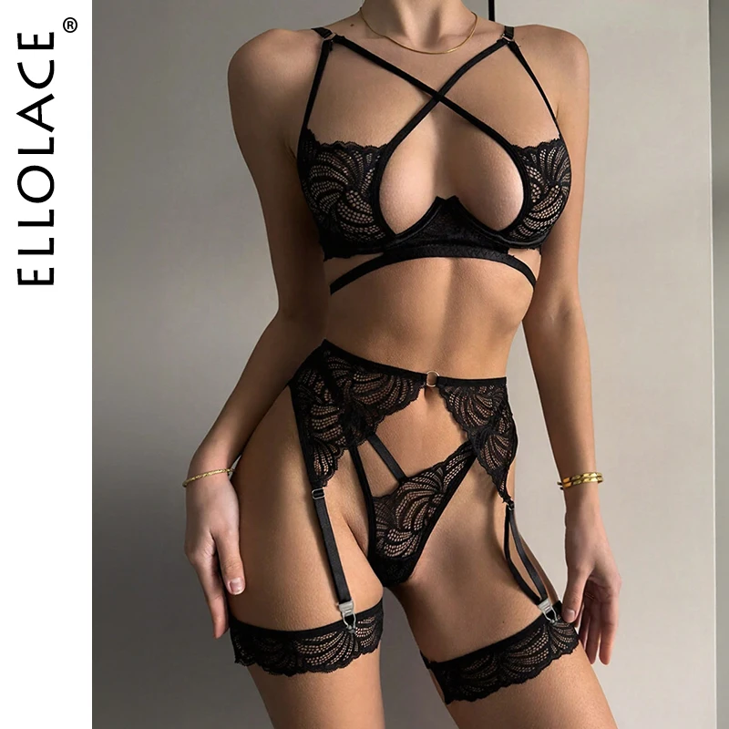 

Ellolace Seductive Lingeries Sexy Hot Exclusive Bra Belt Thong 3PC with Leg Circles Fantasy Tempted Hollow Women's Underwear