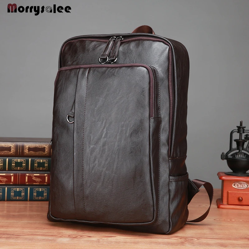 2024 New Leisure Soft General Leather Backpack Men Teenager Male Large Capacity Laptop Backpack High Quality Students Travel Bag