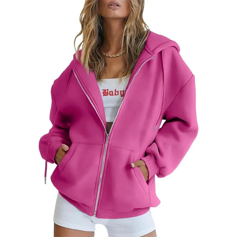 

Fashion new streetwear women's zipper hoodie solid color loose sports shirt autumn casual pullover women's clothing top