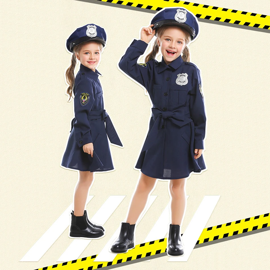 Appealing Halloween Costume Girls Cosplay Police Uniform Dress Long Sleeves for Themed Festivities and Performance Avtivities