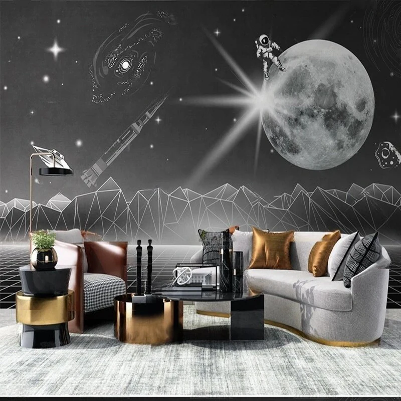 Fashionable space planets starry sky moon black TV sofa luxurious home decoration bedroom background wall painting