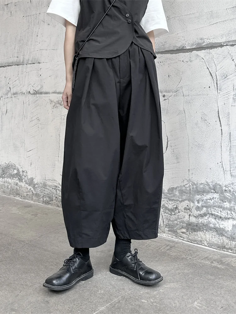 [EAM] High Elastic Waist Black Pleated Long Wide Leg Pants New Loose Fit Trousers Women Fashion Tide Spring Autumn 2024 1DF9659