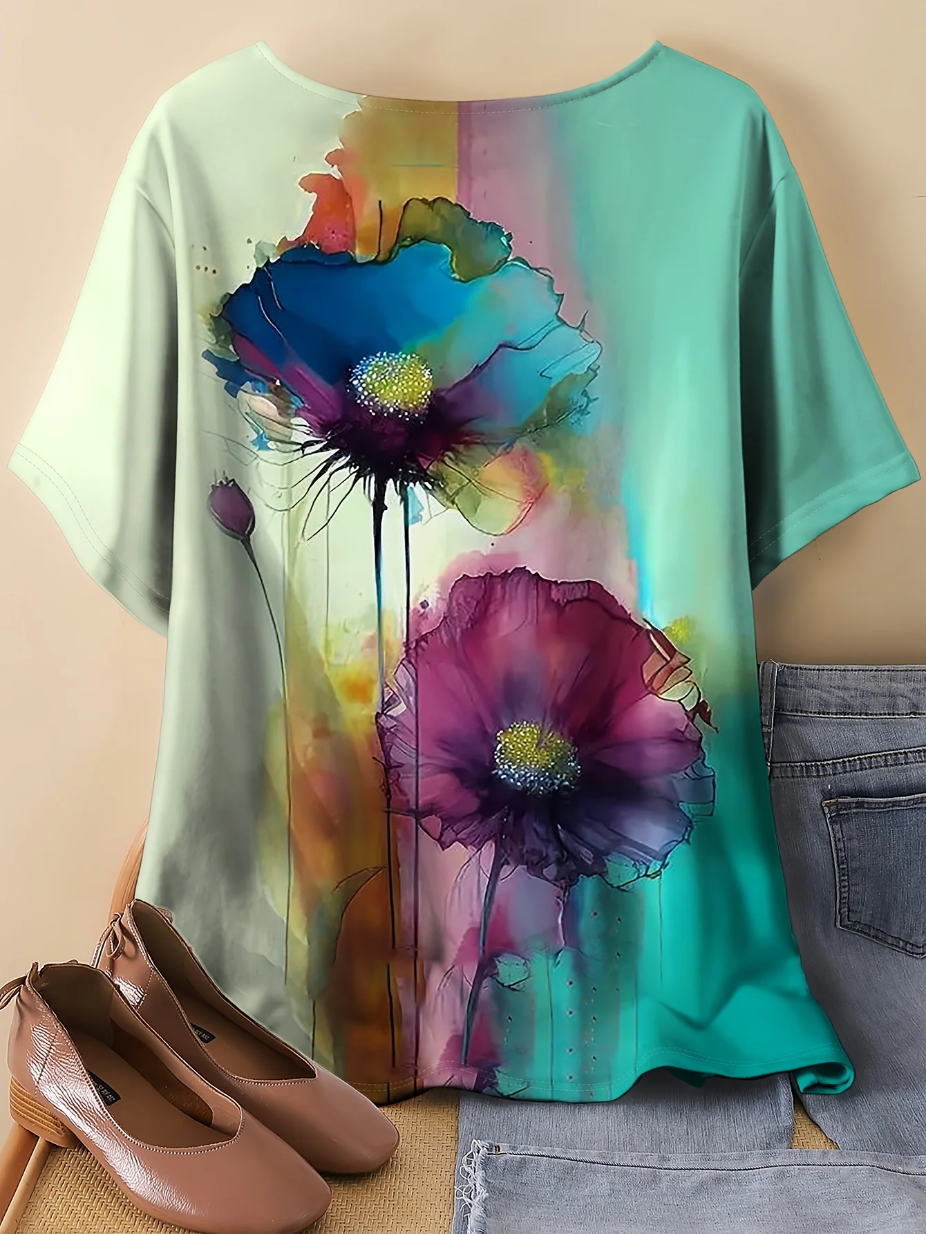Summer Plus Size Women Floral Gradient Printed T-shirt Casual Round Neck Blue and Multi-color Short Sleeved Quick Drying