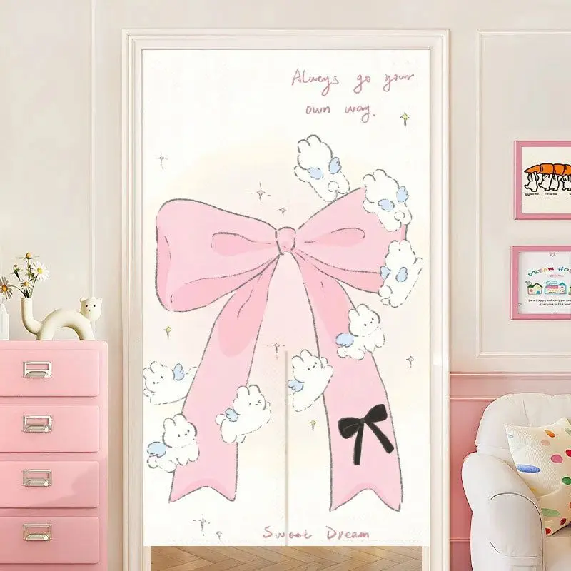 VIKAMA Pink Bow Japanese-Style Half Door Curtain, Privacy Divider for Girls' Bedroom Entrance, Home Decor