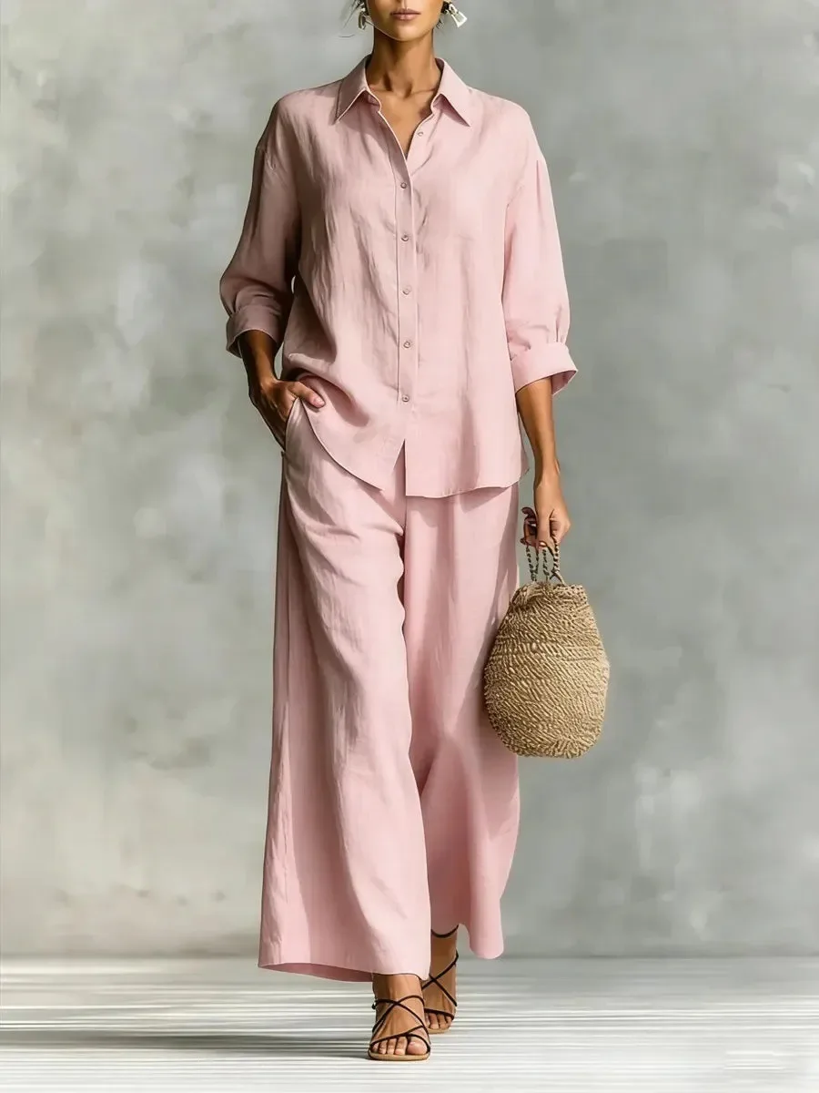 

New Fashion Button Lapel Shirt Women's Set Spring Autumn Casual Solid Color Loose Wide Leg Trousers Female Office 2piece Set
