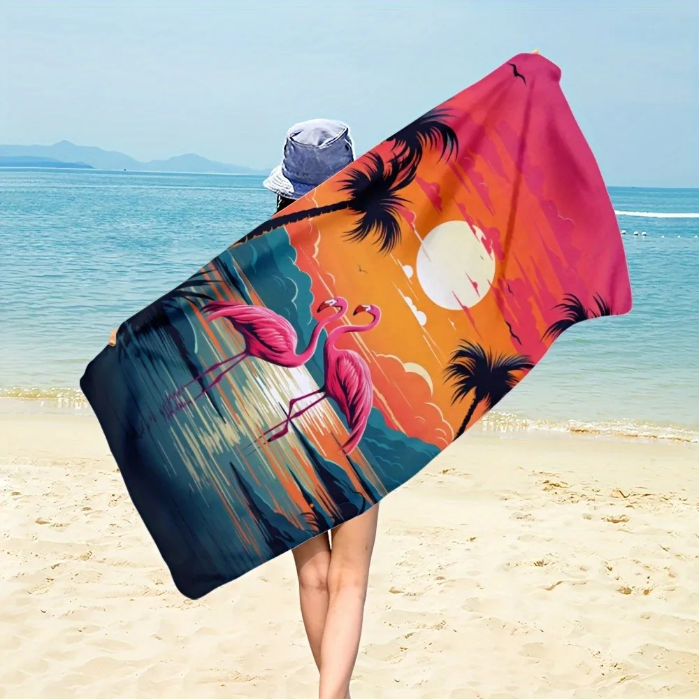 Vintage Tropical Flamingo Sunset Beach Towel Patterned Sunscreen And Windproof Suitable For Swimming Pool Camping Travel Blanket
