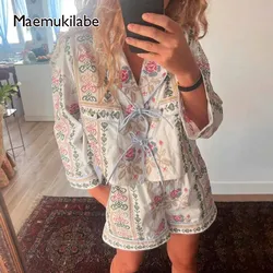 Maemukilabe 2 Piece Vintage Oufits Indie Graphic Print Front Tie Up Bowknot Blouse T-shirt + Shorts Fairy Cottage Y2K Streetwear