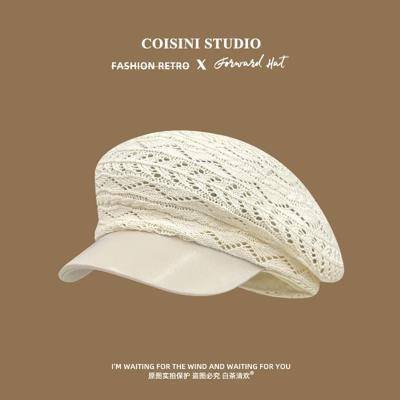 

Korean Retro Hollow Pleated Leather Hat Octagonal Newsboy Cap for Women Spring and Summer Travel Wide Brim Thin Breathable Beret