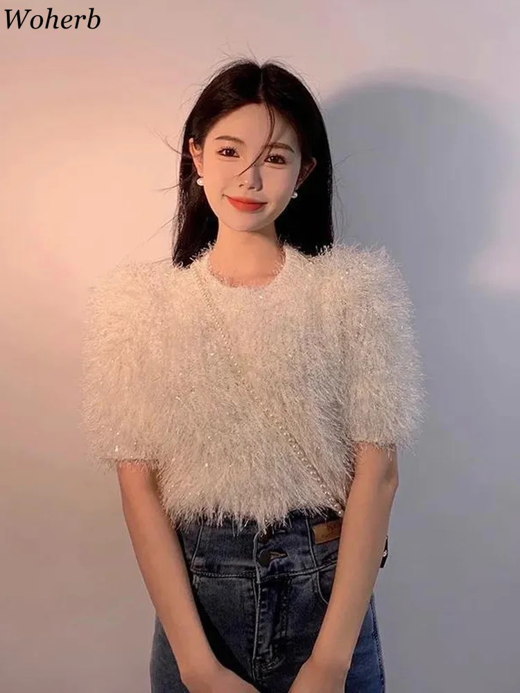 Woherb Summer Thin Knitted Short Sleeve Basic Sweater Women 202 Korean Fashion Caaual Tassel Knitwear Chic Sueter Mujer