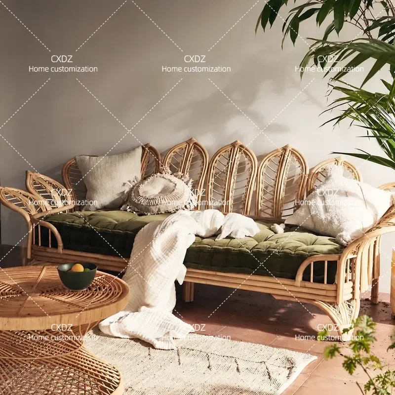 Natural Rattan Sofa 3 Seater Balcony Leisure Petal Chair Nordic Simple Style Full Rattan Couch for Bed and Breakfast Inn