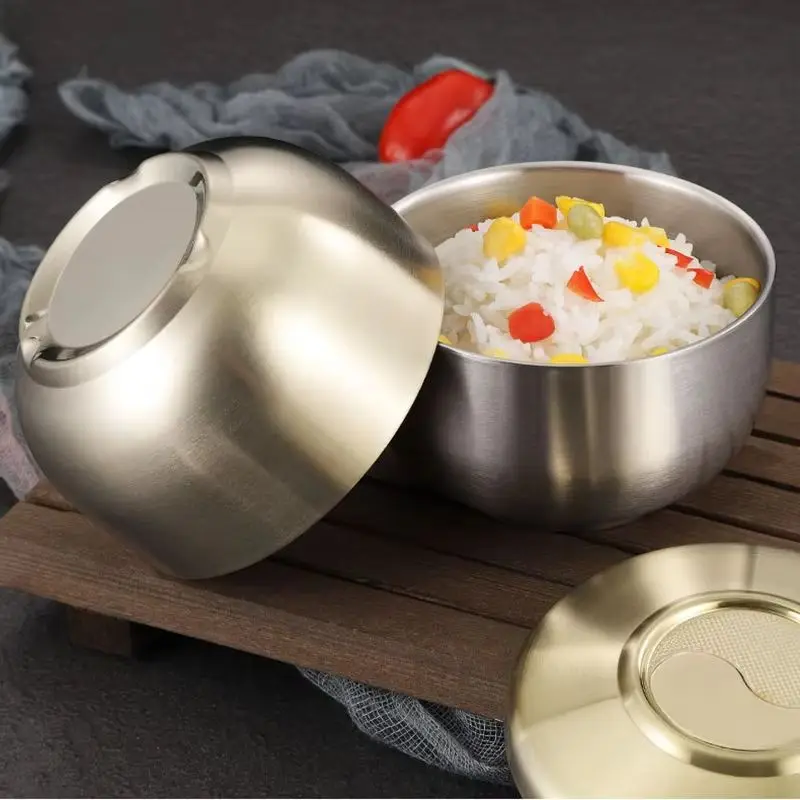 

Double-layer Heat-insulating Rice Bowl With Lid Stainless Steel Soup Bowl Korean Salad Bowl Food Containers Home Tableware