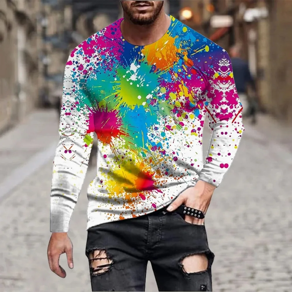 T-shirt à manches longues imprimé en 3D pour hommes, motif éclaboussures de peinture arc-en-ciel, graffiti en encre colorée, nouveauté, art abstrait, décontracté