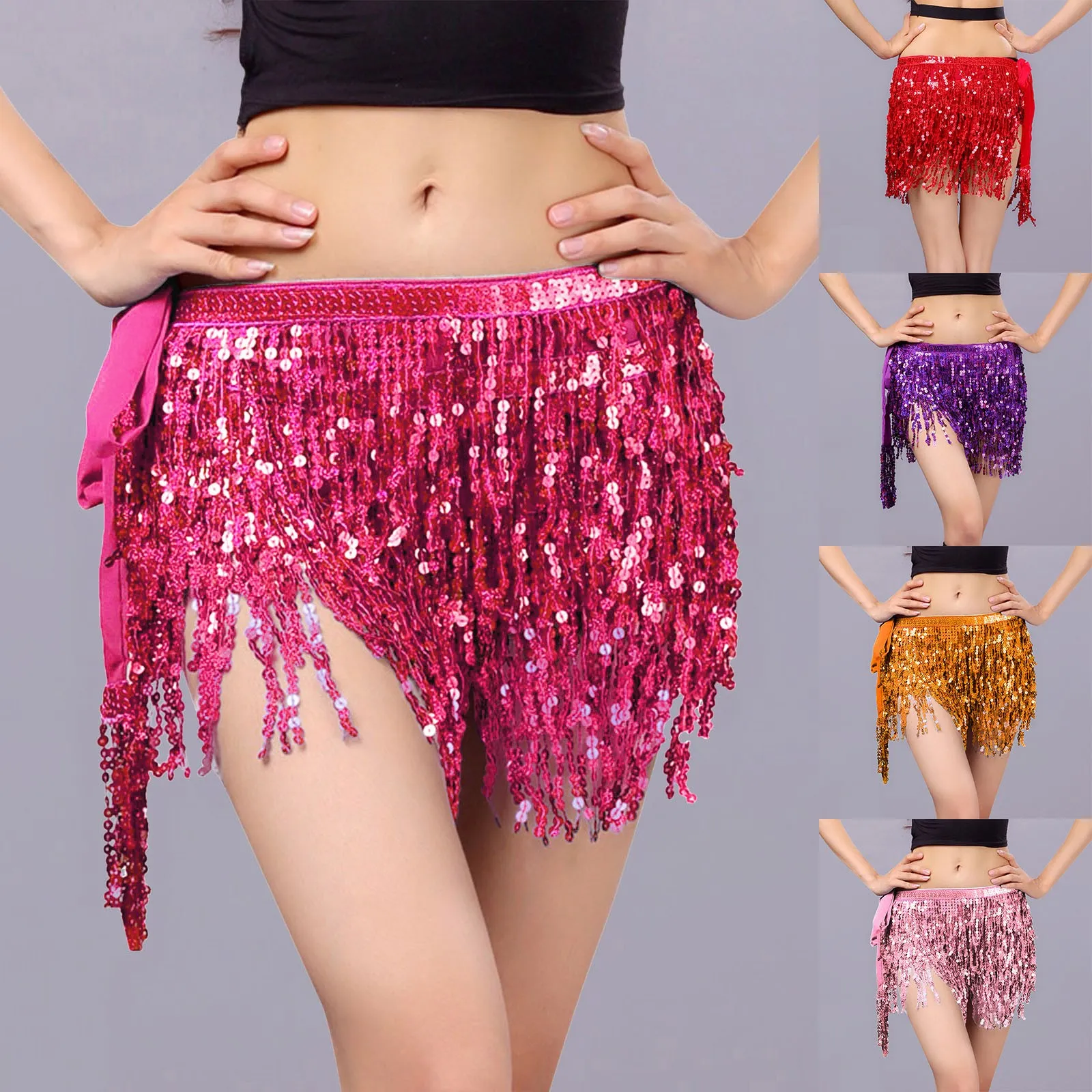 

Exotic Style Belly Dance Skirt Sequin Tassel Waist Hip Scarf Tie Up Adjustable Skirt New Mesh Mini Skirt Wrap Stage Performance