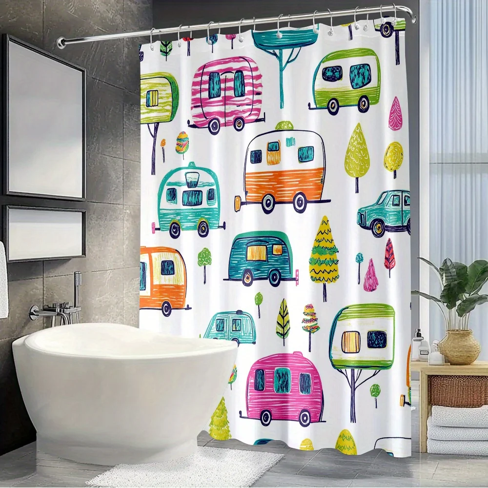 Colorful Camper Van Travel Pattern Shower Curtain Machine Washable All Season Waterproof Privacy Protection Cartoon DesignModern