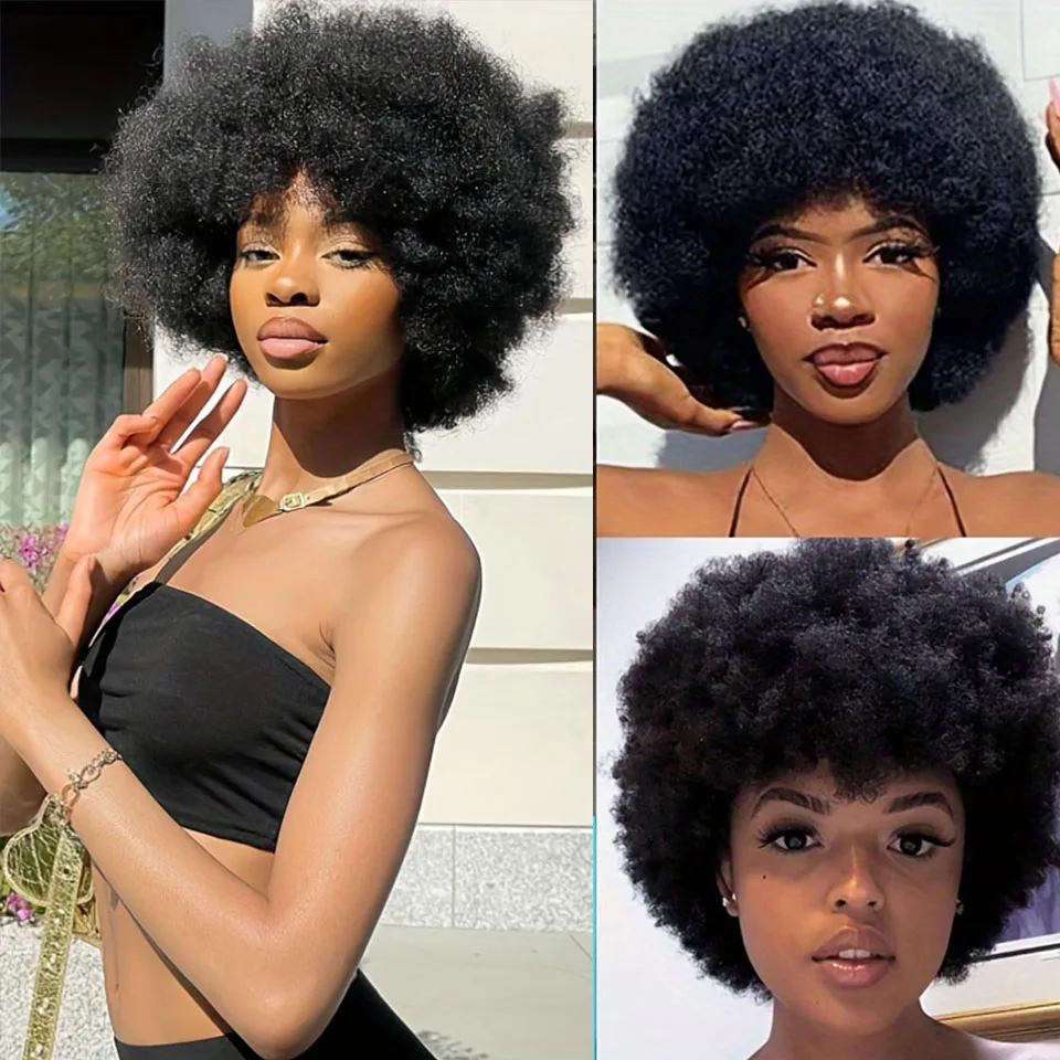 Kurze afro lockige Welle brasilia nische Echthaar Perücken Afro Puff verworrene lockige Perücke für Frauen schwarz braun rot Farbe volle Maschine Perücke