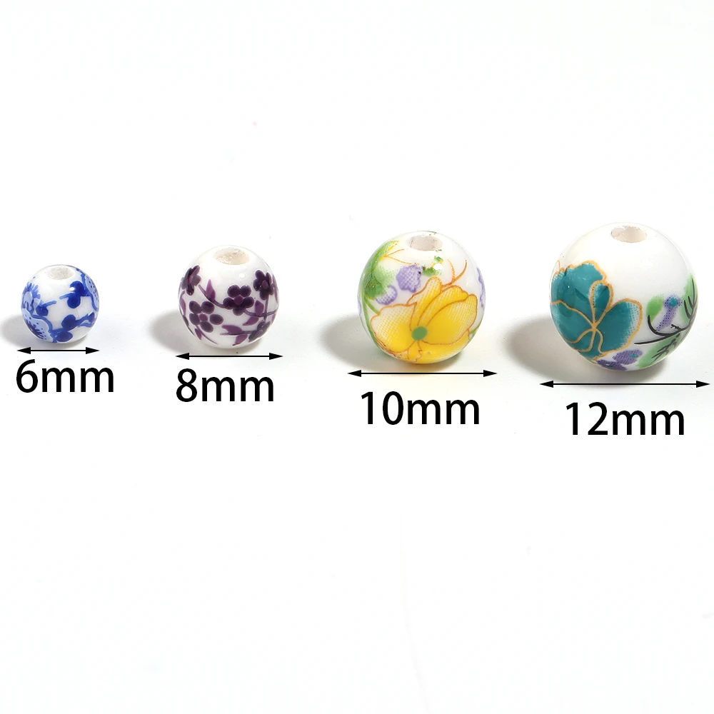 20-30pcs 6/8/10/12mm Round Flower Patterns Ceramic Beads Colorful Mixed Loose Beads For Jewelry Making DIY Bracelets Necklace