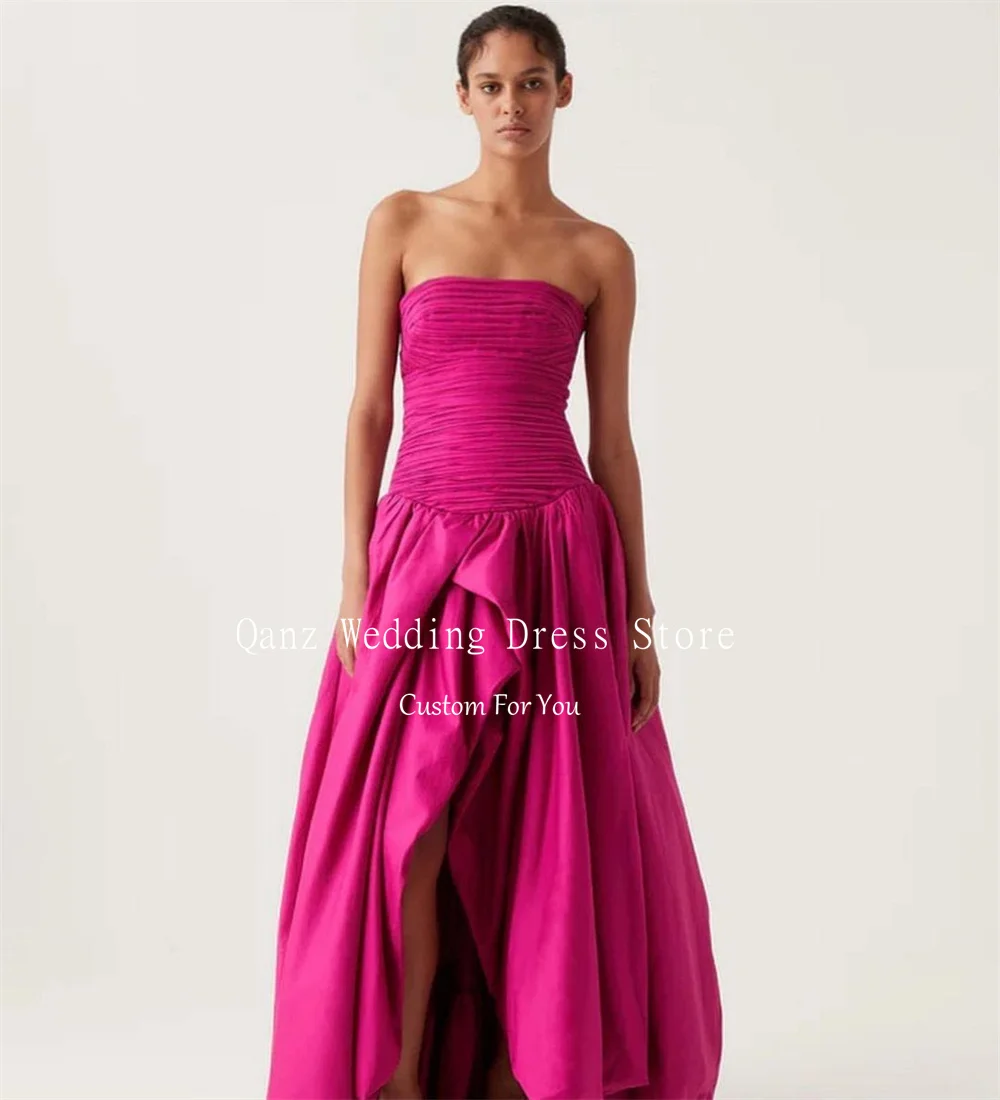 Qanz Fuchsia Evening Dresses Taffeta Strapless High Slit Formal Occasion Dresses Vestidos De Fiestas Elegantes Muje Customized