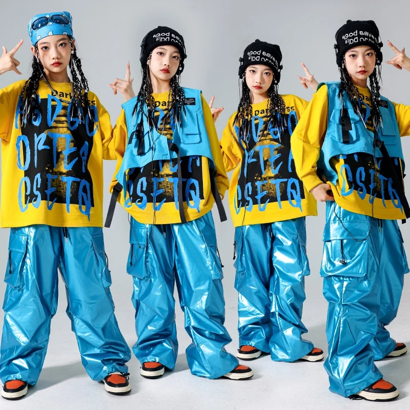 Hip Hop Girls Costume Street Dance Stage Outfit Kids Jazz Dance Clothing Fashion Oversize Tops Pants Blue Yellow Streetwear 1207