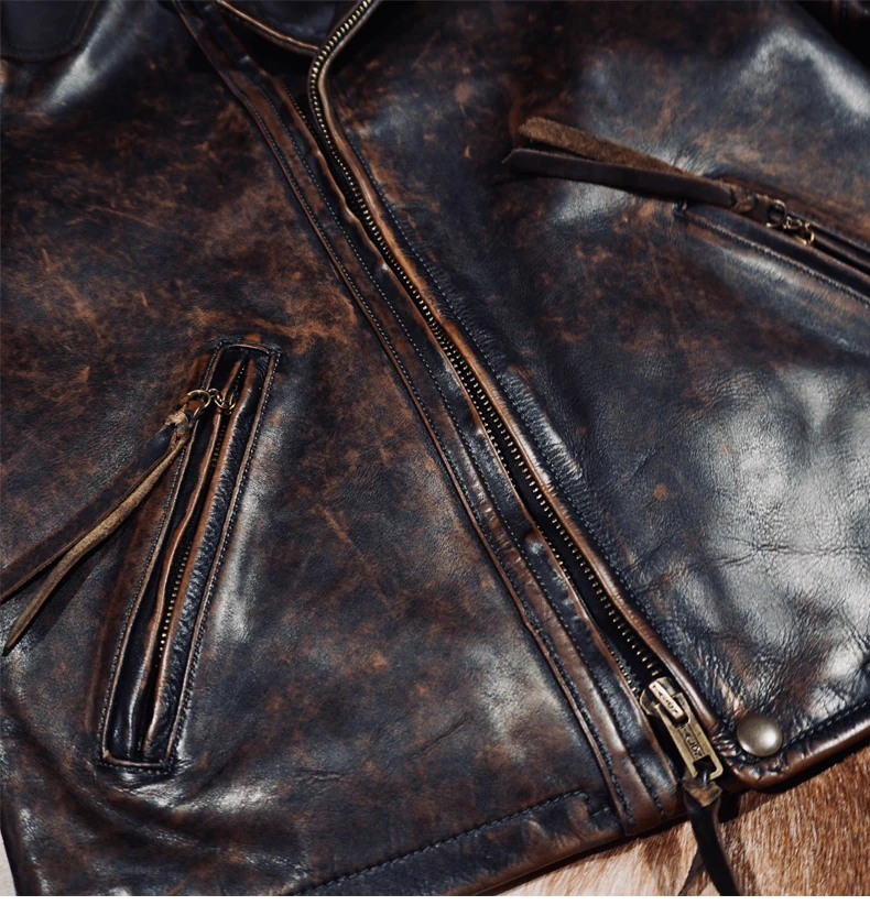 خياط براندو كلاسيكي R * L الحبوب الكاملة الخضار المدبوغة يدويا مخيط جلد البقر الرجال قطري البريدي سترة جلدية للدراجات النارية