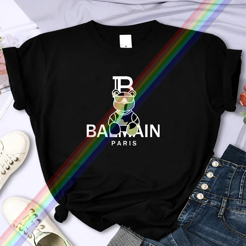 

For Women's Luxury Brand High-Quality Summer Paris Bear Print Y2k T-shirt 100% Cotton Casual Oversized Personality Sleeve O-neck