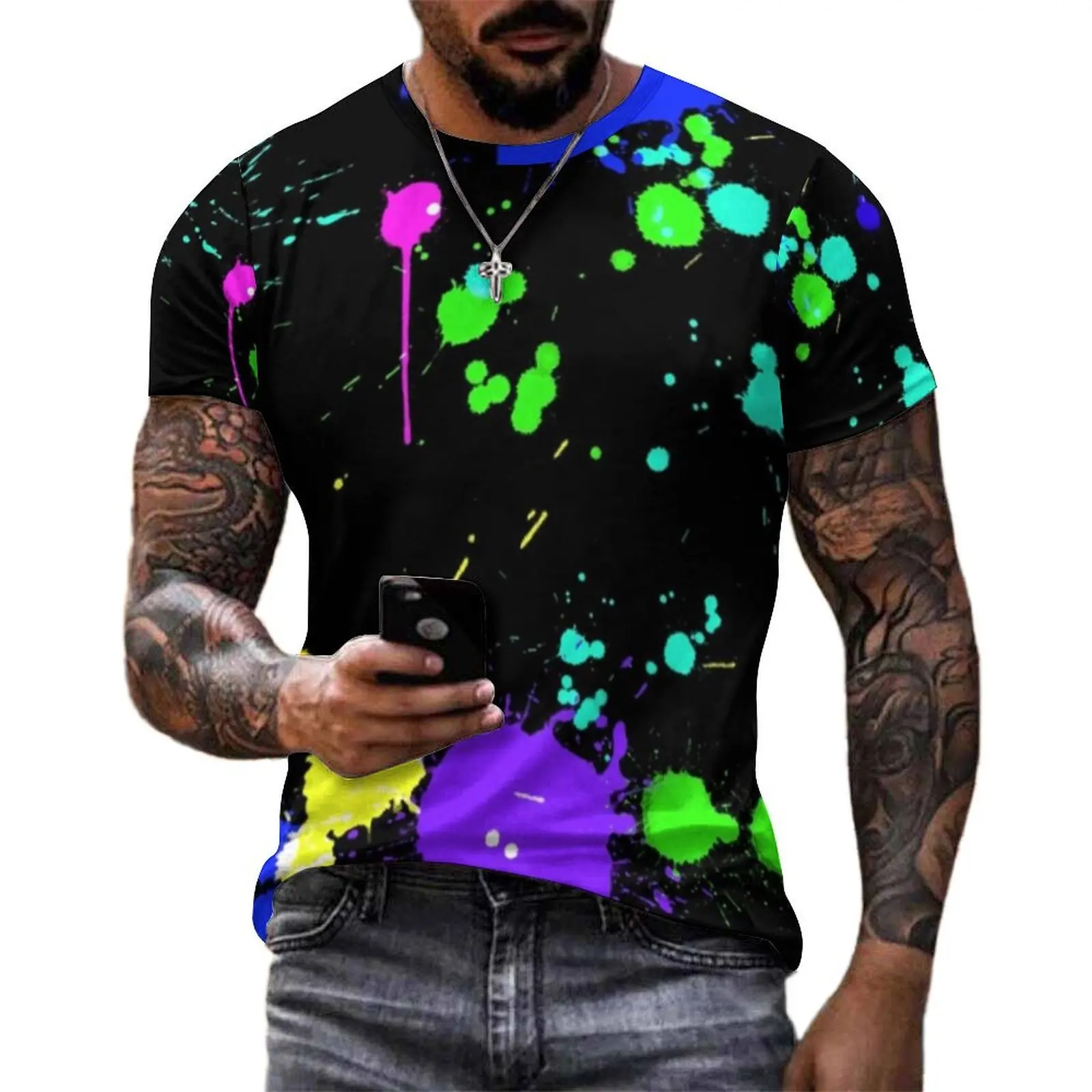 Premium T-Shirt Cool Paint Splatter T-Shirts Neon Bright Print Aesthetic Fashion Tees For Male Short Sleeve Plus Size Clothing