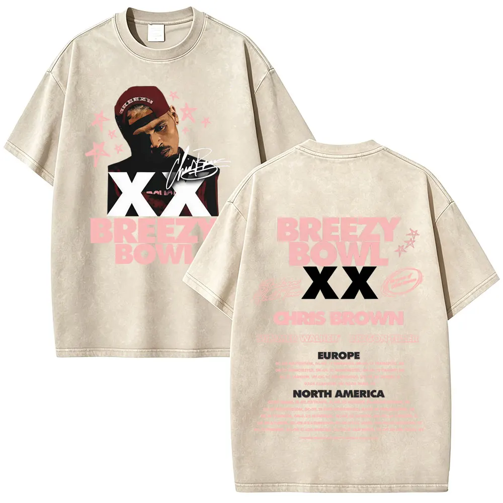 

Washed Vintage Chris Brown Merch T-shirt Breezy Bowl XX Tour 2025 Oversized T Shirts Men Women High Quality Hip Hop Streetwear
