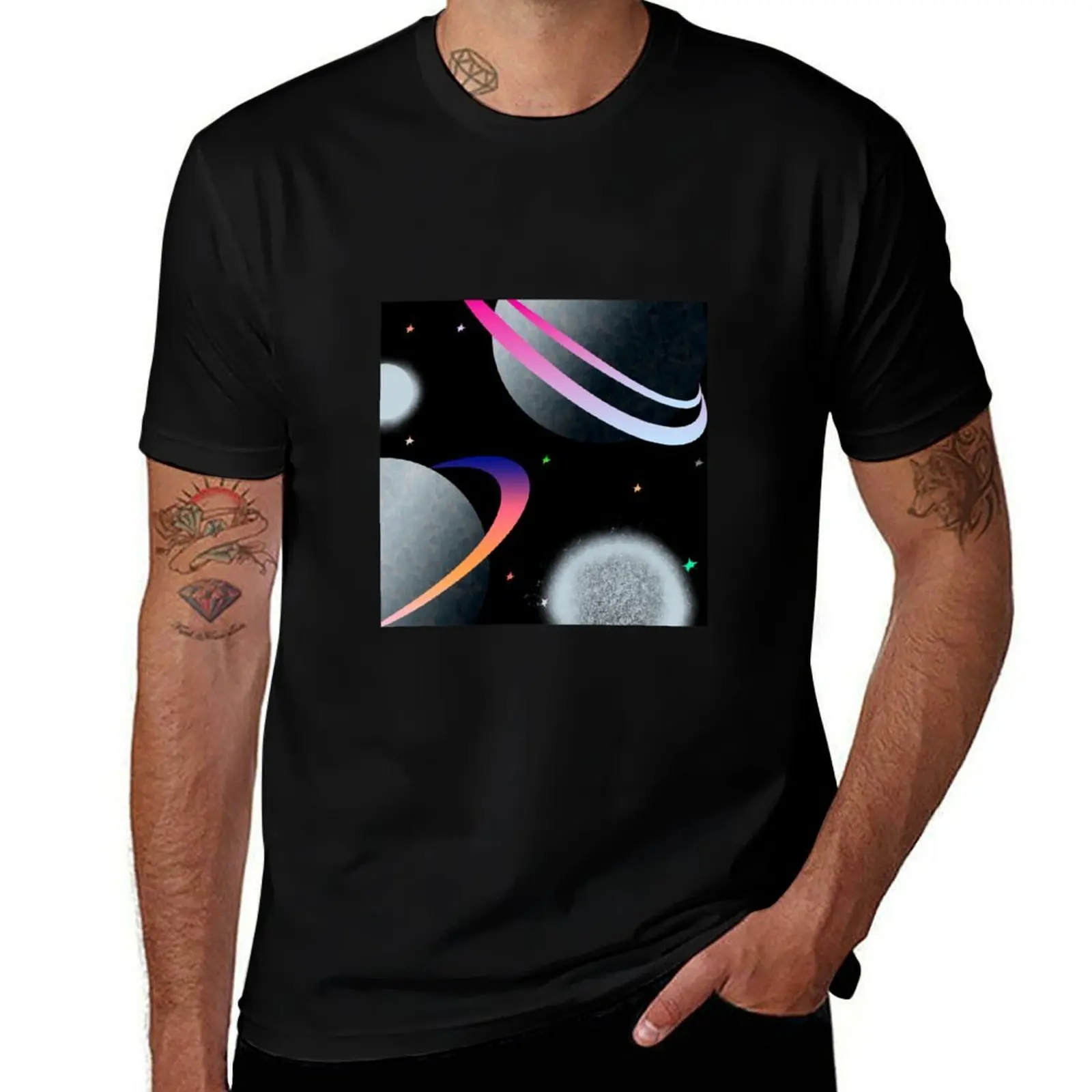 Gradient ring planet T-Shirt Retro Style Print Casual Top T-Shirt
