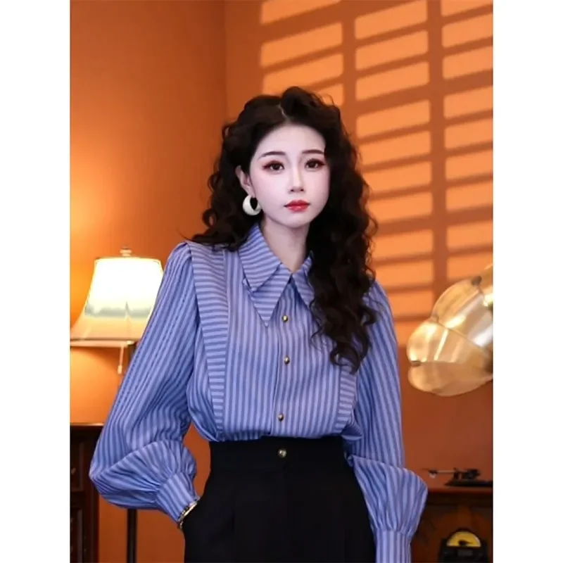 

Синяя полосатая рубашка с длинным рукавом, осенняя новинка, французский стиль, высококачественная женская одежда в западном стиле