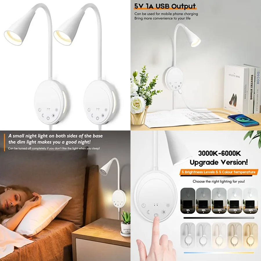 

LED Wall Mount Reading Light, Bedside Reading Lights with Touch Control, 5 Dimmable, USB Output, Night Light and Timers, Flexib