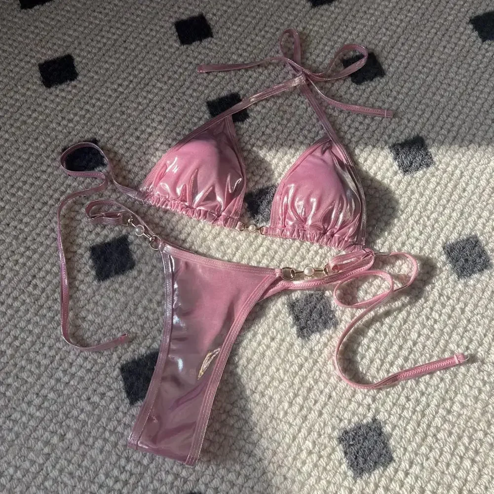 

2Pcs/Set Women Sexy Bikini Set Bright Surface Faux Pearl Halter Bra Lace-up Thong Set Quick Drying Swimwear Beachwear